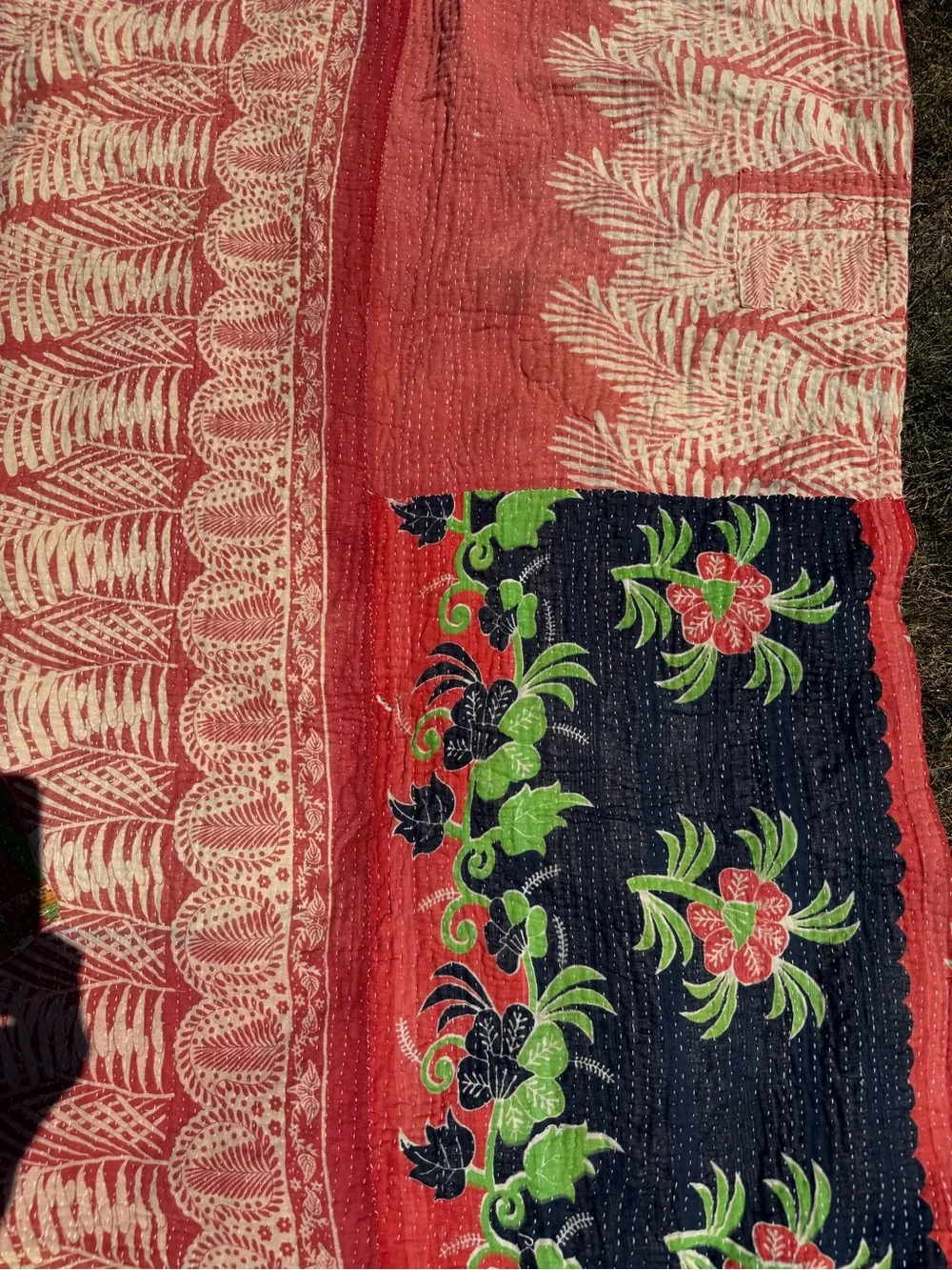 Colorful Vintage Kantha Quilt Throw - Coral, Green, Navy